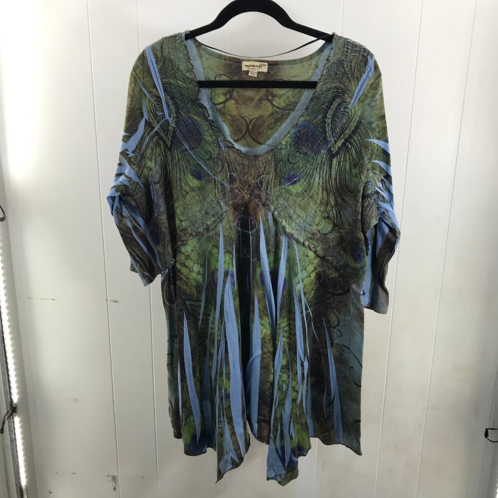 one world boho green and blue asymmetric hem tunic top size 2X